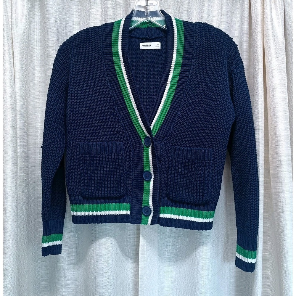 Sonoma Women's Size XS Navy Green Stripe Cropped 2 Button Cardigan Sweater